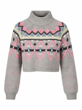 Tally Weijl Fair Isle Chunky Pullover Boxy Turtleneck Grey Cropped Sweater Sz M